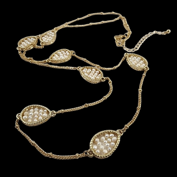 Pearls Jewelry - Station necklace real pearls gold plate long necklace layer necklace